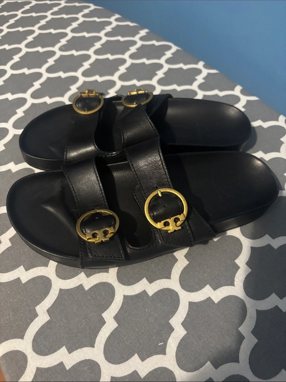 Tory Burch Black Leather Double-Buckle Slide Sandals with Gold Hardware